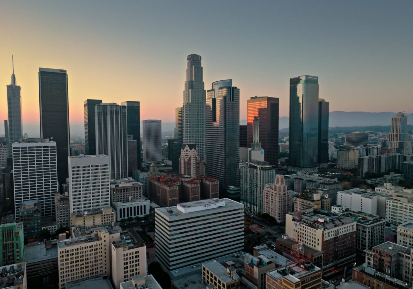 Aerial shot of Downtown Los Angeles, California at sunset.